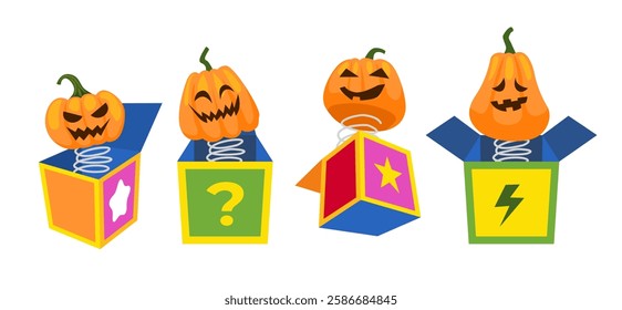 Set of jack in the box collection, orange pumpkins with emotion on his face scary smile, jumps from out surprise boxes, jack o lantern fruit, isolated on white background, vector illustration.