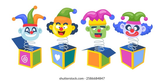 Set of jack in the box collection, various clown with emotion on his face scary smile, jumps from out surprise boxes, confetti, jester hat and laughing emoticon, vector illustration.