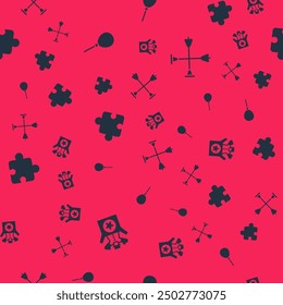 Set Jack in the box toy, Balloons with ribbon, Puzzle pieces and Arrow sucker tip on seamless pattern. Vector