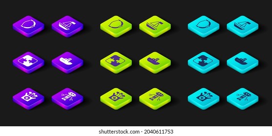 Set Jack in the box toy, Robot, Puzzle pieces, Toy boat,  and Bow icon. Vector