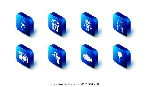 Set Jack in the box toy, Robot, Jump rope, Balloons with ribbon, Submarine, Ray gun, Photo camera and Baby dummy pacifier icon. Vector