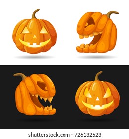 Set of Jack o Lantern heads with burning candles. Halloween pumpkin characters with different face expressions isolated on black and white background. Vector illustration. Realistic style