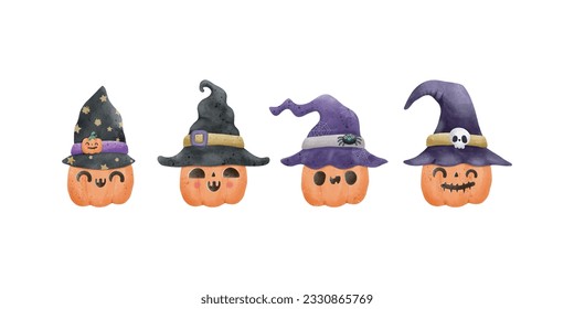 set of jack o lantern pumpkin wearing witch hat watercolor Happy Halloween holiday. Orange pumpkin with smile design for trick or Treating symbol isolated on white background Vector illustration