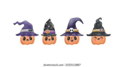 set of jack o lantern pumpkin wearing witch hat watercolor Happy Halloween holiday. Orange pumpkin with smile design for trick or Treating symbol isolated on white background Vector illustration