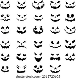 Set of Jack O Lantern pumpkin face. Collection of Halloween pumpkins carved faces silhouettes. Black and white images. Scary and funny faces of Halloween pumpkin or ghost . Vector collection.