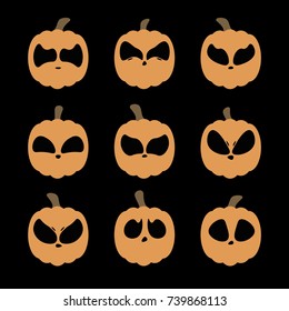 Set of Jack O' Lantern vectors. Cute big pumpkins with carved black eyes on a black background.