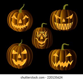 Set of Jack O Lanterns, faces cut on pumpkin, detailed illustration, EPS 10, contains transparency.