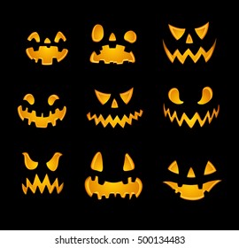 Set of Jack O Lanterns, faces cut on pumpkin, detailed illustration, EPS 10.