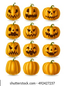 Set of Jack o Lanterns, yellow pumpkins isolated on white, EPS 10 contains transparency.