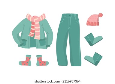 Set jacket, pants, hat, scarf and shoes. Winter season clothing. Keds and boots. Jeans. Vector flat illustration with isolated background.