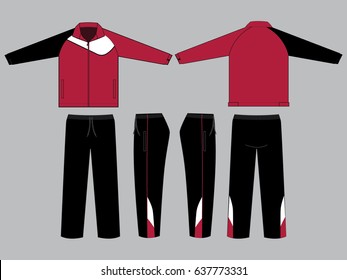 Set Jacket Uniform Shirt & Long Warm Up Pants Design With Crimson/Black/White Colors Vector.