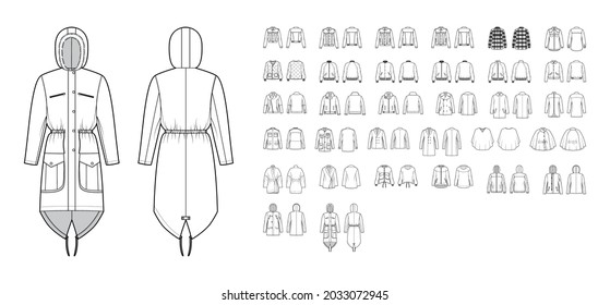 Set of jackets, coats, outerwear technical fashion illustration with oversized, thick, hood collar, long sleeves, pockets. Flat coat template front, back white color. Women men unisex top CAD mockup