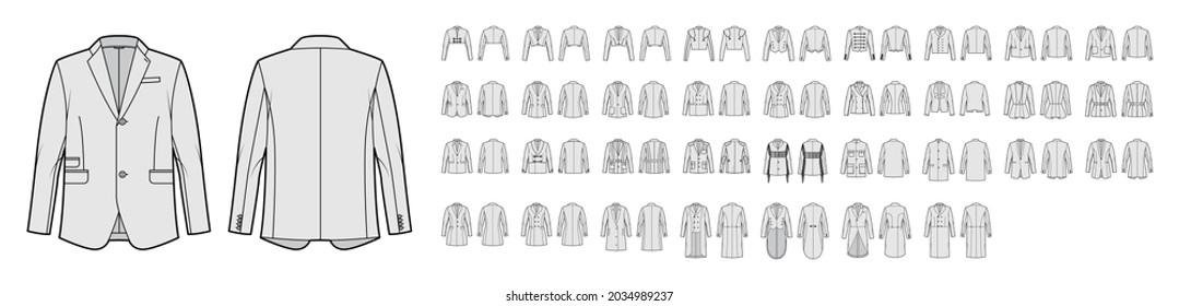 Set of jackets, coats, outerwear technical fashion illustration with oversized, thick, hood collar, long sleeves, pockets. Flat coat template front, back grey color. Women men unisex top CAD mockup