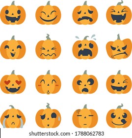 Set of Jack-o-lantern Emojis, facial expression icons. Smile, laugh, embarrassed, angry, wink, cry, tearing, love, etc.