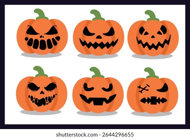 Set of Jack-o'-Lantern Faces with Scary and Funny Expressions – Halloween Pumpkin Vector