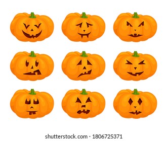 Set of jack-o-lantern. Halloween pumpkins with face isolated on white background. Illustration with pumpkin lantern.