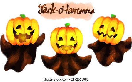 Set of Jack-o'-lanterns in vector format painted with digital watercolor