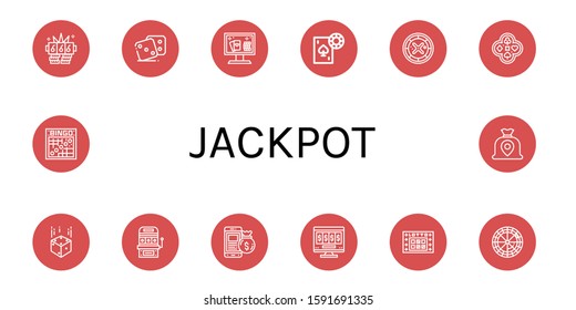 Set of jackpot icons. Such as Jackpot, Dice, Online casino, Gambling, Roulette, Poker, Slot machine, Money bag, Online gambling, Lotto, Bingo , jackpot icons