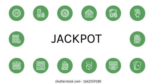 Set of jackpot icons. Such as Roulette, Money bag, Casino, Gambling, Bet, Slot machine, Bingo, Dice, Online gambling, Poker , jackpot icons