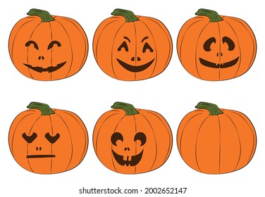 A set of Jack's lamps, an attribute of the Halloween holiday, six pumpkins.