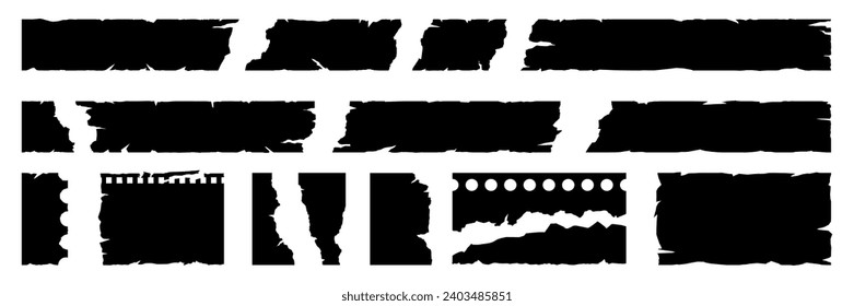 Set of jagged edge rectangle shape. Black ripped paper sheet with scratch. Grunge frame collection for sticker, collage, banner. Vector illustration isolated on white background.