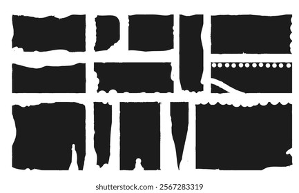 Set of jagged edge rectangle shape. Black ripped paper sheet with scratch. Grunge frame collection for sticker, collage, banner. Vector illustration