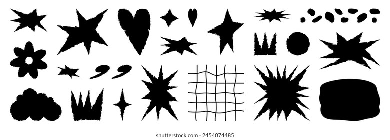 Set of jagged irregular shape of star, crown, flower and heart. Cut out of paper for collages. Grunge elements for design. Vector isolated illustration.