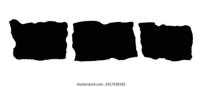Set of jagged paper textures. Black rectangle shapes with ripped edges. Empty ragged text box, label, tag, patch, collage element templates isolated on white background. Vector graphic illustration