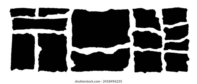 Set of jagged paper textures. Black rectangle shapes with ripped edges. Empty ragged text box, label, tag, patch, collage element templates isolated on white background. Vector graphic illustration