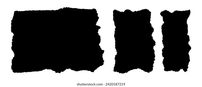 Set of jagged paper textures. Black rectangle shapes with ripped edges. Empty ragged text box, label, tag, patch, collage element templates isolated on white background. Vector graphic illustration