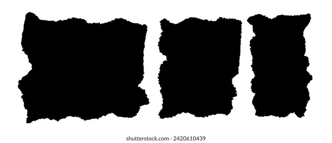 Set of jagged paper textures. Black rectangle shapes with ripped edges. Empty ragged text box, label, tag, patch, collage element templates isolated on white background. Vector graphic illustration