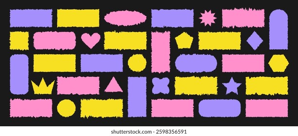 Set of Jagged Rectangle shapes. Colorful grunge frames. Textured abstract element bundle for collage, text box, banner, sticker. Vector illustration isolated on black background.