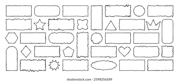 Set of Jagged Rectangle shapes. Outline Black grunge frames. Textured abstract element bundle for collage, text box, banner, sticker. Vector illustration isolated on white background.