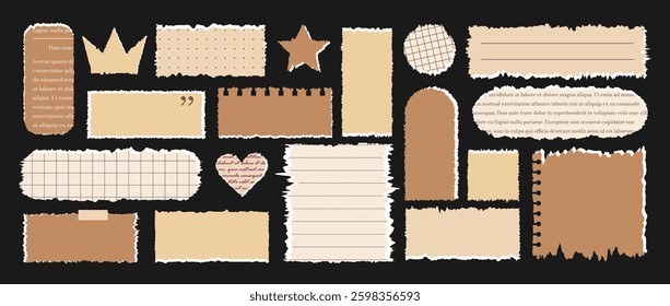 Set of Jagged Rectangle shapes. Retro Tattered frame or text box with jagged edges. Textured grunge element bundle for collage, banner, sticker. Vintage Vector illustration on black background.