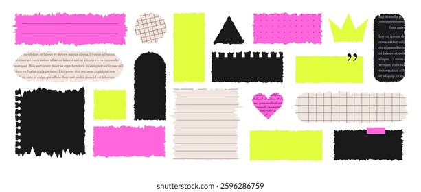 Set of Jagged Rectangle shapes. Tattered frame or text box with jagged edges. Textured grunge element bundle for collage, banner, sticker. Vector illustration isolated on white background.