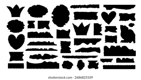 Conjunto de Formas dentadas con borde áspero. Corona, corazón, grunge de papel desgarrado marco collage. Diseño de borde de Anuncio cortado por rasgadura. Ilustración plana de Vector