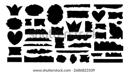 Set of jagged shapes with rough edge. Crown, heart, torn paper grunge frame collage. Rip cut banner border design. Vector flat illustration