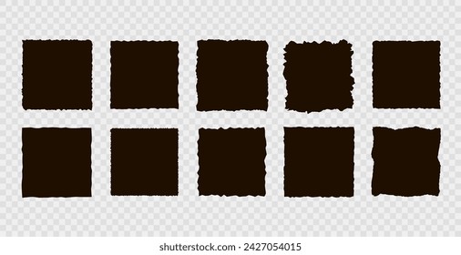 Set of jagged square paper piece  backgrounds. Grunge header shapes, stickers, collage elements note paper, black ripped sheets vector illustration. Silhouette blank for card, poster, flyer 