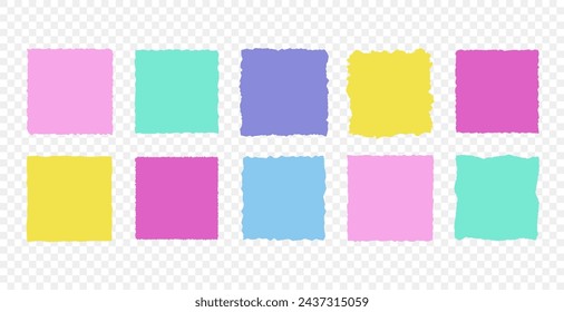 Set of jagged square paper piece  backgrounds. Grunge header shapes, stickers, collage elements note paper, black ripped sheets vector illustration. Silhouette blank for card, poster, flyer 