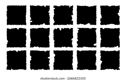 Set of jagged square with rough edge shape. Torn paper grunge frame collage. Rip cut banner border design. Vector flat illustration