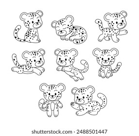 Conjunto de colección de garabato de jaguar, dibujo de contorno de jaguar para colorear página o libro de animales para jardín de infantes, línea de Vector conjunto de animales de la fauna, dibujado a mano, garabato de línea de jaguar mínimo en diferente pose.