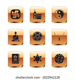 Set Jainism, Jewish torah book, Star of David, Pentagram circle, Buddhist monk, Yin Yang, Moon and Church building icon. Vector