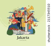Set Jakarta Illustration. Hand drawn Indonesian cultures background
