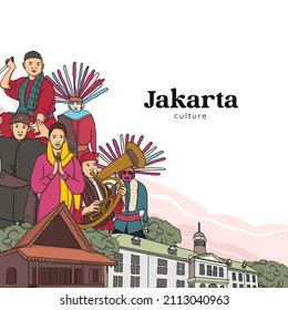 Set Jakarta Illustration. Hand drawn Indonesian cultures background