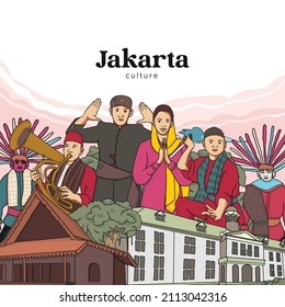 Set Jakarta Illustration. Hand drawn Indonesian cultures background