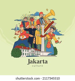 Set Jakarta Illustration. Hand drawn Indonesian cultures background