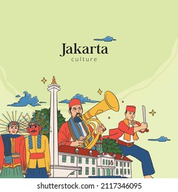 Set Jakarta Illustration. Hand drawn Indonesian cultures background