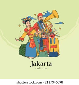 Set Jakarta Illustration. Hand drawn Indonesian cultures background