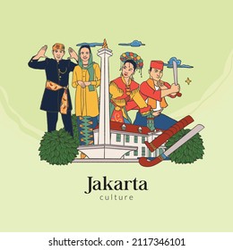 Set Jakarta Illustration. Hand drawn Indonesian cultures background