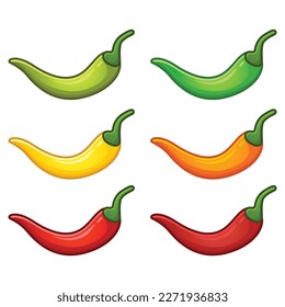 Set of jalapeno chili, isolated on white background. Vector cartoon flat design illustration collection template. Fresh green,yellow,orange,red chili